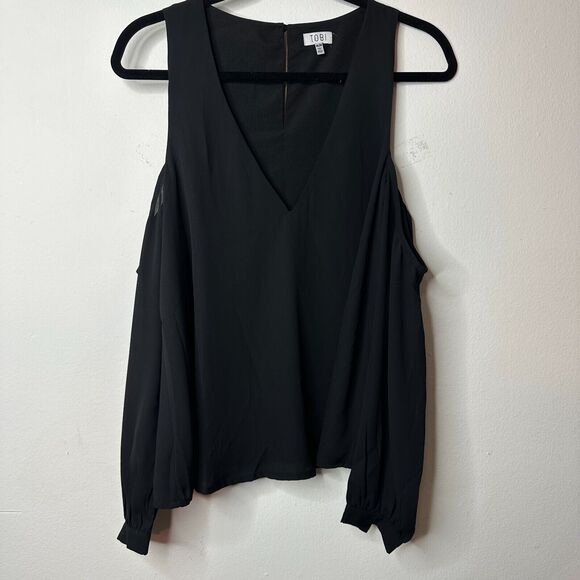 Tobi Black Cold Shoulder Long Sleeve Flowy V-Neck Keyhole Back Blouse M - Picture 4 of 15